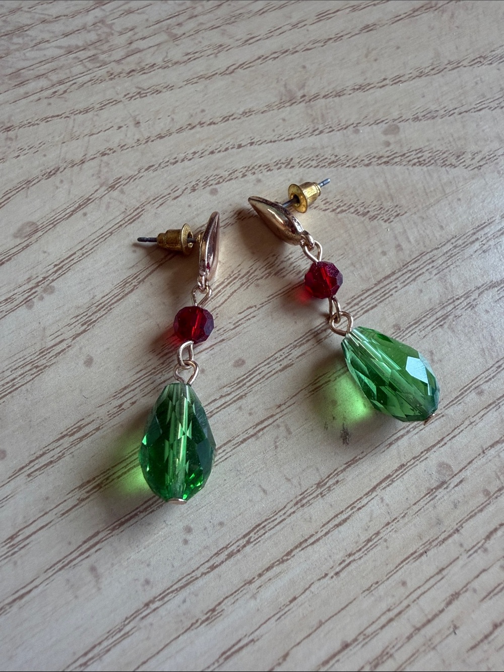 Howl’s Moving Castle Earrings with Green Teardrop and Red Accent Bead